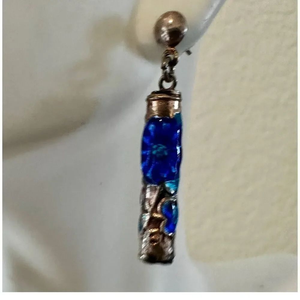 Sterling silver blue barrel  enamel vintage  drop earrings